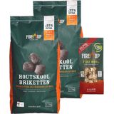 BBQ starterspakket - houtskool briketten  10 kilo - barbecue aanmaak houtwolkrullen 25x