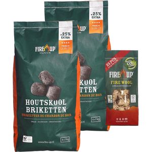 BBQ starterspakket - houtskool briketten  10 kilo - barbecue aanmaak houtwolkrullen 25x - Briketten