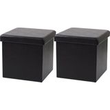 Urban Living Poef Leather BOX - 2x - hocker - opbergbox - zwart - PU/mdf - 38 x 38 cm - opvouwbaar