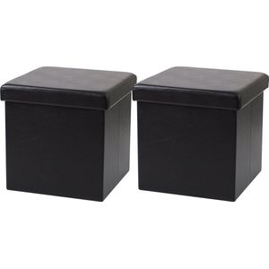 Urban Living Poef Leather BOX - 2x - hocker - opbergbox - zwart - PU/mdf - 38 x 38 cm - opvouwbaar