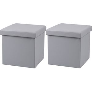 Poef Leather BOX - 2x - hocker - opbergbox - lichtgrijs - PU/mdf - 38 x 38 cm - opvouwbaar