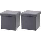 Urban Living Poef Leather BOX - 2x - hocker - opbergbox - grijs - PU/mdf - 38 x 38 cm - opvouwbaar