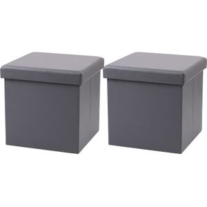 Urban Living Poef Leather BOX - 2x - hocker - opbergbox - grijs - PU/mdf - 38 x 38 cm - opvouwbaar