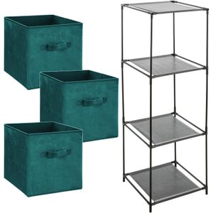 Kastmandjes/opberg manden - groen velours - 3x stuks van 29 Liter - In rek van 34 x 98 cm