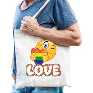 Bellatio Decorations Gay Pride tas - katoen - 42 x 38 cm - naturel - LHBTI - love emoji