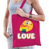 Bellatio Decorations Gay Pride tas - katoen - 42 x 38 cm - fuchsia roze - LHBTI - love emoji