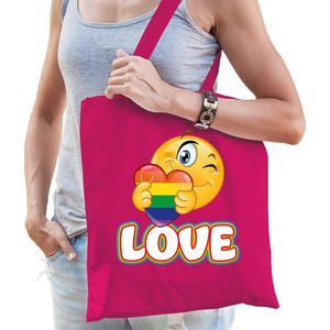 Gay Pride tas - katoen - 42 x 38 cm - fuchsia roze - LHBTI - love emoji