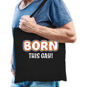 Gay Pride tas - born this gay - katoen - 42 x 38 cm - zwart - LHBTI - Feest Boodschappentassen