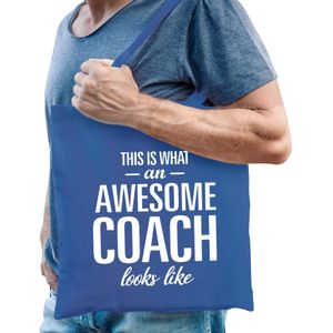 Cadeau tas voor coach/trainer - blauw - katoen - 42 x 38 cm - geweldige coach - Feest Boodschappentassen