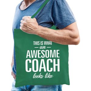 Cadeau tas voor coach/trainer - groen - katoen - 42 x 38 cm - geweldige coach - Feest Boodschappentassen