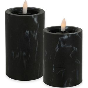 LED kaarsen/stompkaarsen - set 2x - zwart marmer look - H10 en H12,5 cm - timer - warm wit
