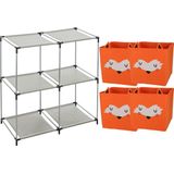 Kastmandjes/opberg mandjes - vossen print - oranje - 4x stuks van 29L - In rekje van 68 x 68 cm