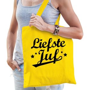 Cadeau tas voor juf - liefste juf - geel - katoen - 42 x 38 cm - juffendag - Feest Boodschappentassen