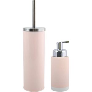 MSV Toiletborstel in houder 38 cm/zeeppompje 275 ml set Enzo - metaal/keramiek - lichtroze/zilver