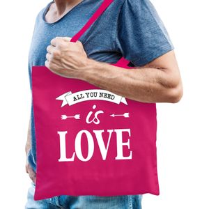 Gay Pride tas - katoen - 42 x 38 cm - fuchsia roze - LHBTI - All you need is love - Feest Boodschappentassen