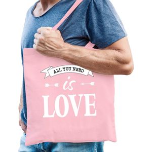Vrijgezellenfeest tas - katoen - 42 x 38 cm - roze - bruiloft - All you need is love - Feest Boodschappentassen