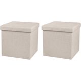 Urban Living Poef/hocker - 2x - opbergbox zit krukje - beige - linnen/mdf - 37 x 37 cm - opvouwbaar