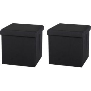 Urban Living Poef/hocker - 2x - opbergbox zit krukje - zwart - linnen/mdf - 37 x 37 cm - opvouwbaar
