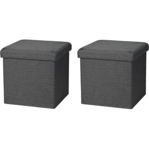 Urban Living Poef/hocker - 2x - opbergbox zit krukje - donkergrijs - polyester/mdf - 38 x 38 cm - opvouwbaar