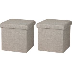 Urban Living Poef/hocker - 2x - opbergbox zit krukje - beige - polyester/mdf - 38 x 38 cm - opvouwbaar