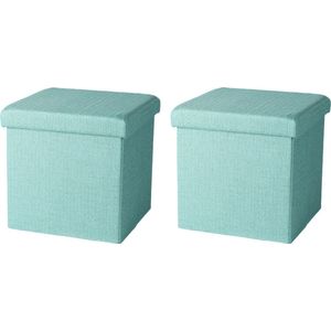 Urban Living Poef/hocker - 2x - opbergbox zit krukje - mintgroen - polyester/mdf - 38 x 38 cm - opvouwbaar