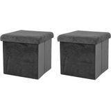 Urban Living Poef/Hocker - 2x - Opbergbox Zit Krukje - Velvet Donkergrijs - Polyester/Mdf