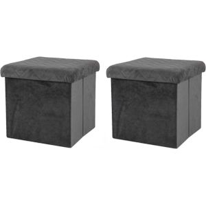 Urban Living Poef/Hocker - 2x - Opbergbox Zit Krukje - Velvet Donkergrijs - Polyester/Mdf