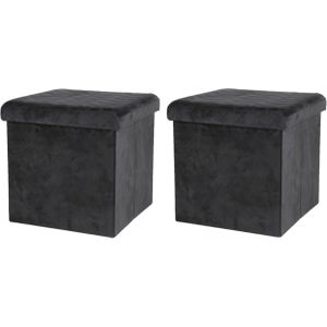 Urban Living Poef/hocker - 2x - opbergbox zit krukje - velvet zwart - polyester/mdf - 38 x 38 cm - opvouwbaar