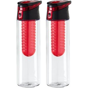 Waterfles/sportfles/drinkfles Waterprofs - 2x - transparant/rood - kunststof - 740 ml - met fruit filter