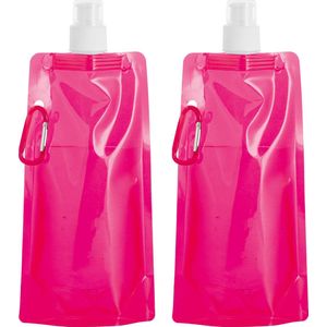 Waterfles/drinkfles/sportbidon opvouwbaar - 10x - roze - kunststof - 460 ml - schroefdop - waterzak