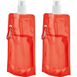 Waterfles/drinkfles/sportbidon opvouwbaar - 2x - oranje - kunststof - 460 ml - schroefdop - waterzak