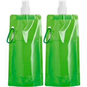 Waterfles/drinkfles/sportbidon opvouwbaar - 2x - groen - kunststof - 460 ml - schroefdop - waterzak
