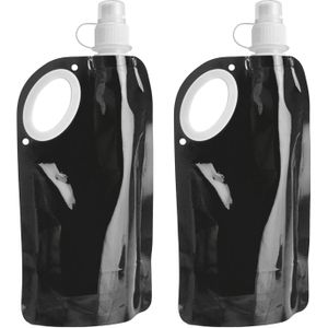 Waterfles/drinkfles/sportbidon opvouwbaar - 2x - zwart - kunststof - 770 ml - schroefdop - waterzak
