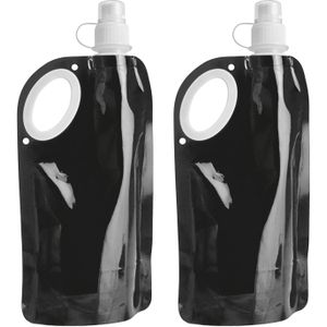 Waterfles/drinkfles/sportbidon opvouwbaar - 10x - zwart - kunststof - 770 ml - schroefdop - waterzak