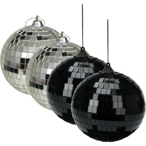 Grote discobal kerstballen - 4x st - zilver en zwart - 10 cm - kunststof - Kerstbal