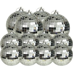 Grote discobal kerstballen - 12x stuks - zilver - 6 en 8 cm - kunststof