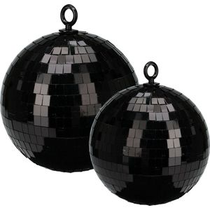 Grote discobal kerstballen - 2x st - zwart - 15 en 18 cm - kunststof