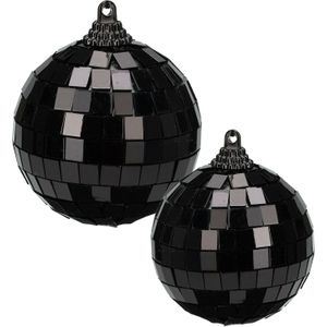 Grote discobal kerstballen - 2x stuks - zwart - 10 en 12 cm - kunststof