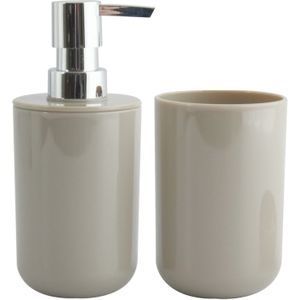 MSV Zeeppompje en drink/tandenborstel beker - badkamer set Porto - kunststof - taupe
