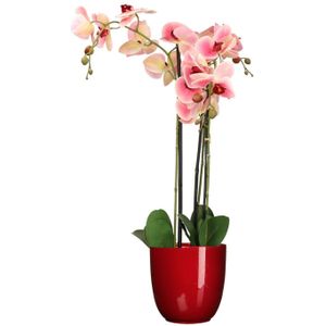 Orchidee kunstplant roze - 75 cm - inclusief bloempot rood glans - Kunstbloemen in pot