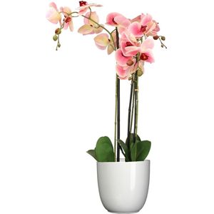 Orchidee kunstplant roze - 75 cm - inclusief bloempot wit glans - Kunstbloemen in pot