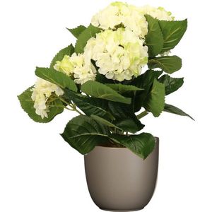 Hortensia kunstplant/kunstbloemen 36 cm - wit/groen - in pot taupe mat - Kunstplanten