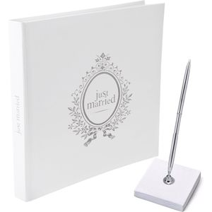 Gastenboek/receptieboek met luxe pen in houder - Bruiloft - zilver/wit - 24 x 24 cm