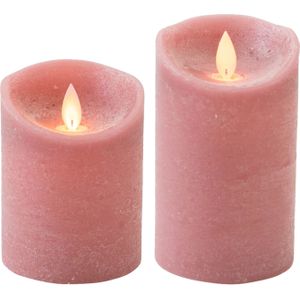 LED kaarsen/stompkaarsen - set 2x - antiek/oud roze - H10 en H12,5 cm - bewegende vlam