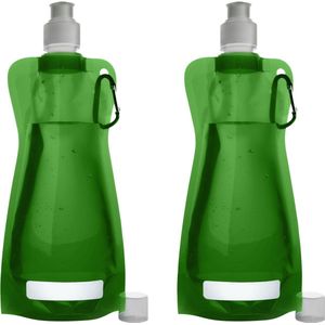 Waterfles/drinkfles/sportbidon opvouwbaar - 2x - groen - kunststof - 420 ml - schroefdop - karabijnhaak
