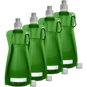 Waterfles/drinkfles/sportbidon opvouwbaar - 4x - groen - kunststof - 420 ml - schroefdop - karabijnhaak
