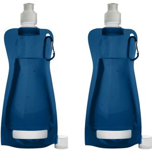 Waterfles/drinkfles/sportbidon opvouwbaar - 2x - blauw - kunststof - 420 ml - schroefdop - karabijnhaak