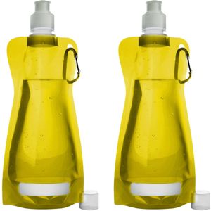 Waterfles/drinkfles/sportbidon opvouwbaar - 2x - geel - kunststof - 420 ml - schroefdop - karabijnhaak