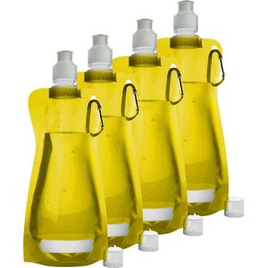 Waterfles/drinkfles/sportbidon opvouwbaar - 4x - geel - kunststof - 420 ml - schroefdop - karabijnhaak