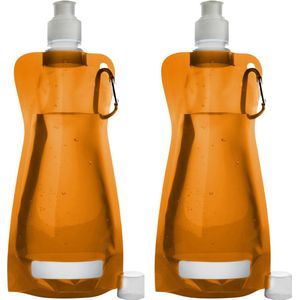 Waterfles/drinkfles opvouwbaar - 2x - oranje - kunststof - 420 ml - schroefdop - karabijnhaak
